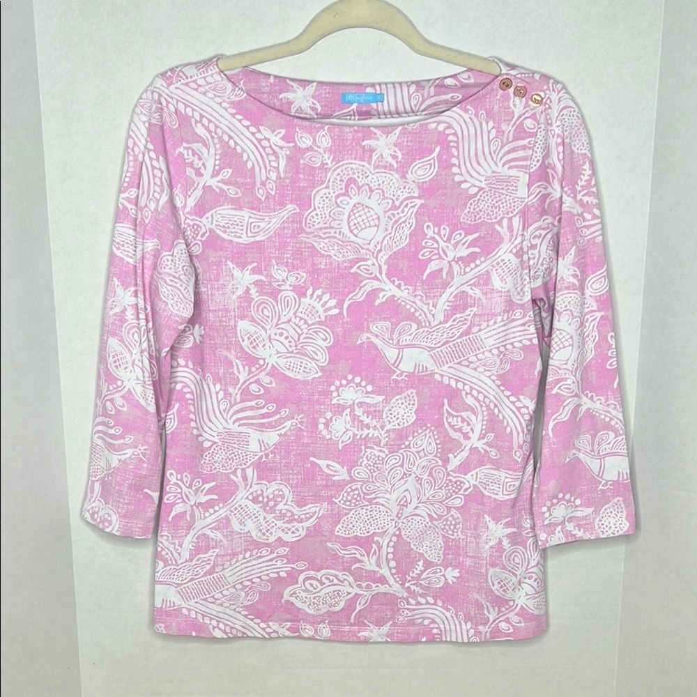 J Mclaughlin Catalina Signature Knit Top Medium Pink Peacock Floral